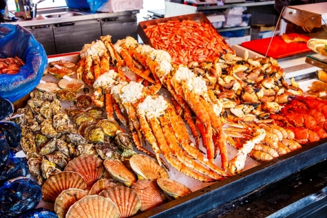 Various Seafood On The Shelves Of The Fish market